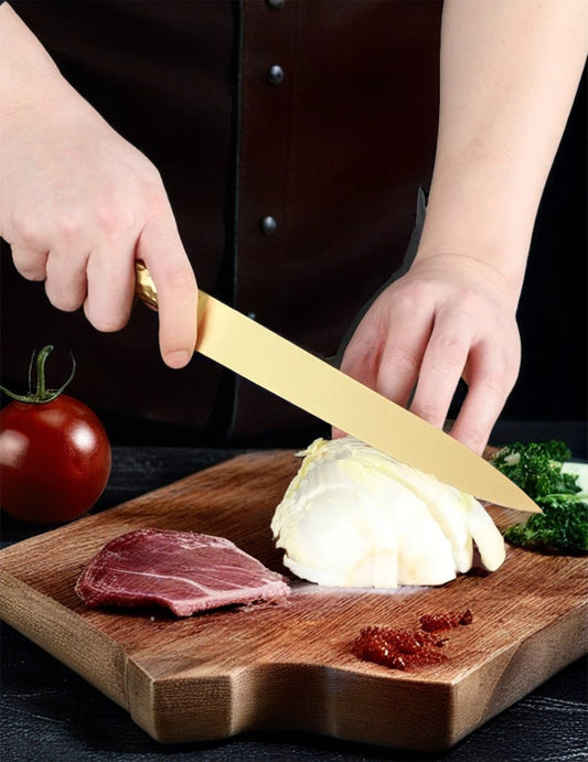 Titanium-Coated Stainless Steel 6-Piece Kitchen Knife Set with Magnetic Block- Golden