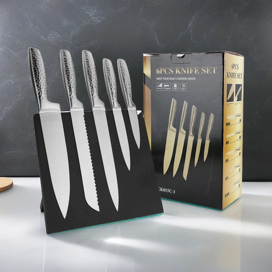 Titanium-Coated Stainless Steel 6-Piece Kitchen Knife Set with Magnetic Block-Black
