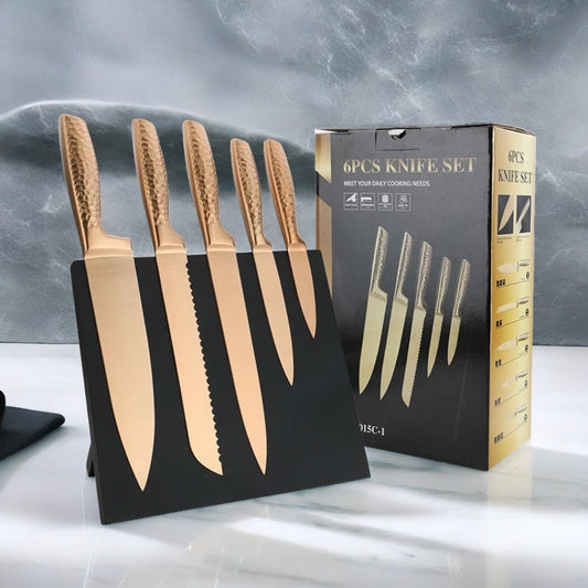 Titanium-Coated Stainless Steel 6-Piece Kitchen Knife Set with Magnetic Block- Rose Gold